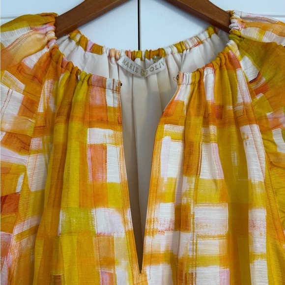 Marie Oliver Greta Puff Sleeves Golden Madras Mini Dress Sz Large - Picture 10 of 14